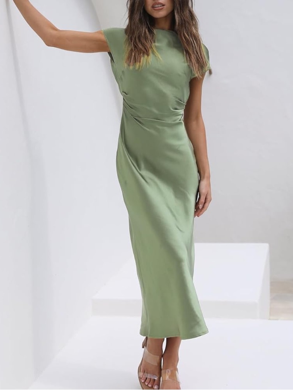 Sage Green Cap-Sleeve Cowl Neck Satin Maxi Dress
